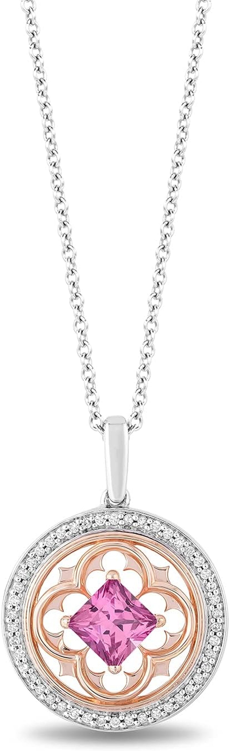 Enchanted Disney Fine Jewelry 14K Rose Gold over Sterling Silver 5.5 MM Square Created Pink Sapphire and 1/5 CTTW Natural White round Diamond Aurora Pendant Necklace