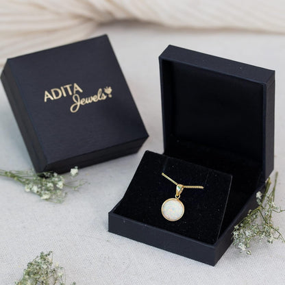 14K Gold White Opal Necklace - 14K Solid Yellow Gold Dainty Necklace with October Birthstone Pendant, 12Mm Large Size Opal Gemstone - Handmade Bridal Wedding Jewelry for Brides & Classy Women