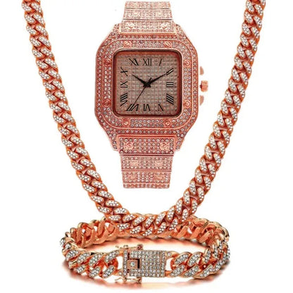 24K Gold / 925 Silver / Rose Gold Stainless Steel Hip Hop Jewelry Iced Out Diamond Thick Miami Cuban Link Chain Necklace Bracelet Watch for Men'S and Women'S Party Jewelry Set Nightclub Bar Fashion Accessories