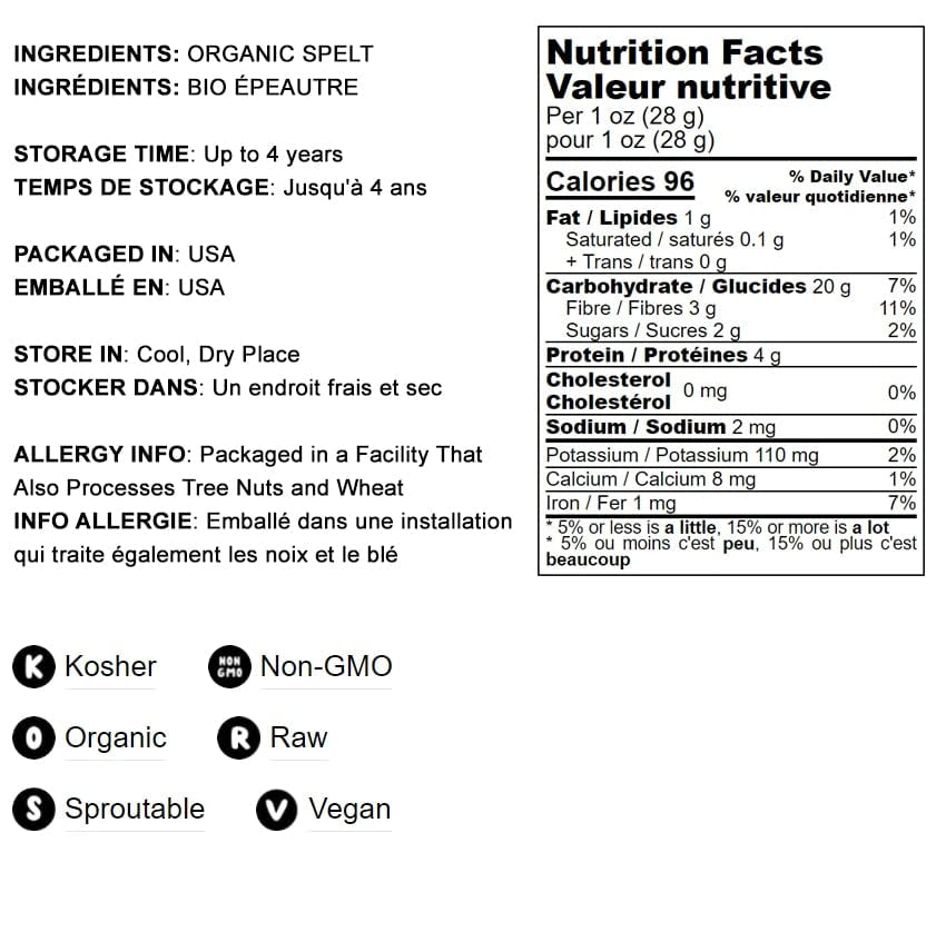 Organic Spelt Berries, 8 Pounds — Non-Gmo, Whole Grain, Non-Irradiated, Vegan Superfood, Bulk, Product of the USA