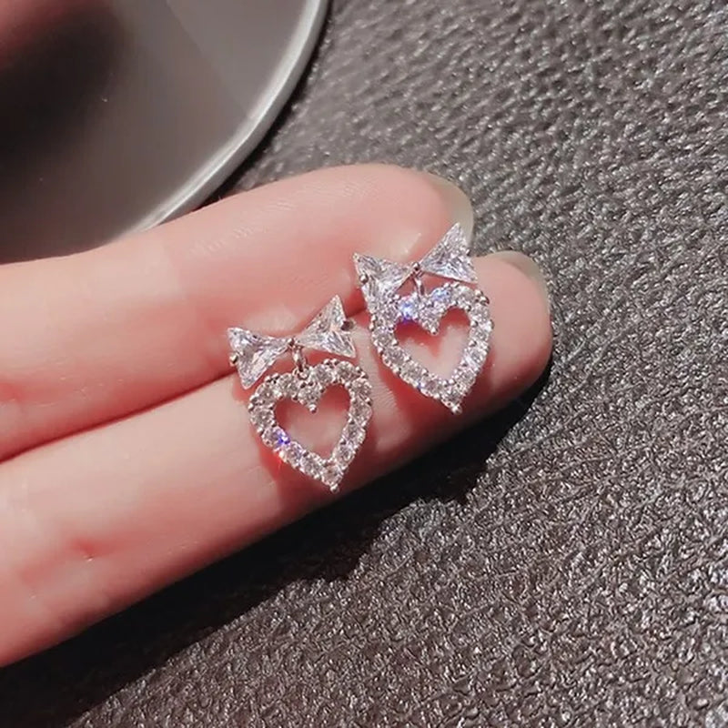 New Trendy Love Heart Bow Stud Earrings White Diamond Women Bridal Elegant Jewelry Elegant Earrings