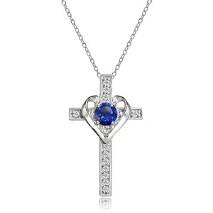Sterling Silver Created Blue Sapphire and White Topaz Heart Cross Birthstone Pendant Necklace