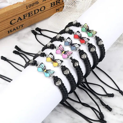 Women Black Woven Rope Bracelet Handmade Multicolor Butterfly Charm Adjustable Bracelets Fashion Friendship Jewelry Girls Gift - WORLD TIME VISITS