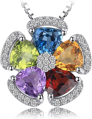 Multicolor Flower 2.6Ct Genuine Amethyst Citrine Garnet Peridot Blue Topaz Pendant Necklaces for Women, 925 Sterling Silver Natural Gemstones Jewelry Sets 18 Inches Chain
