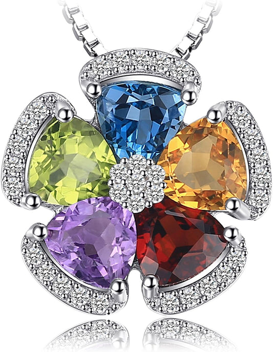 Multicolor Flower 2.6Ct Genuine Amethyst Citrine Garnet Peridot Blue Topaz Pendant Necklaces for Women, 925 Sterling Silver Natural Gemstones Jewelry Sets 18 Inches Chain