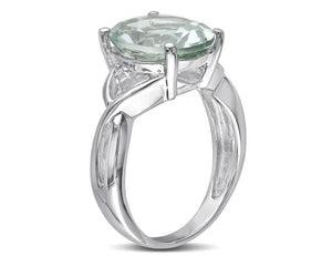 4.30 Carat (Ctw) Oval Cut Green Amethyst Ring in Sterling Silver with Accent Diamonds