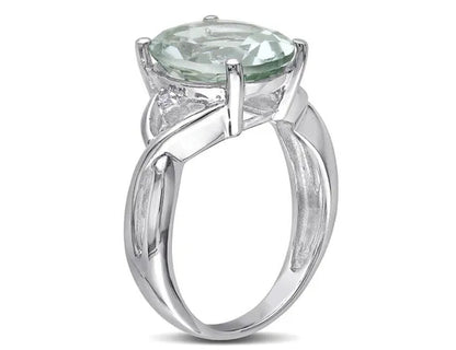 4.30 Carat (Ctw) Oval Cut Green Amethyst Ring in Sterling Silver with Accent Diamonds