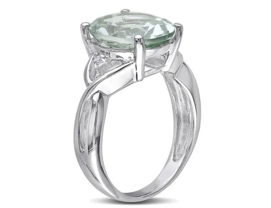 4.30 Carat (Ctw) Oval Cut Green Amethyst Ring in Sterling Silver with Accent Diamonds