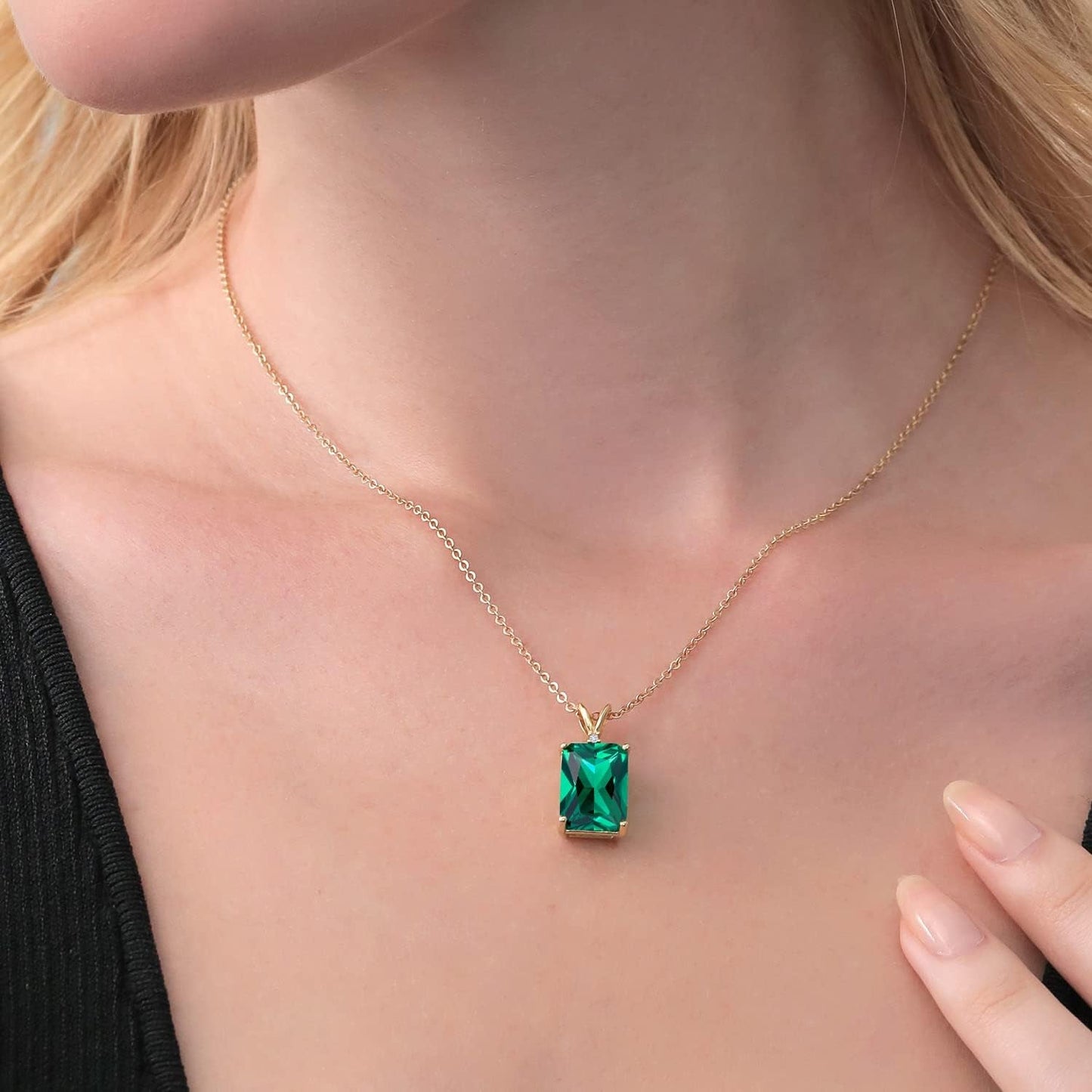 18K Yellow Gold Plated Silver Green Nano Emerald and White Diamond Pendant Necklace for Women (6.52 Cttw, Gemstone May Birthstone, Emerald Cut 14X10MM, with 18 Inch Silver Chain)