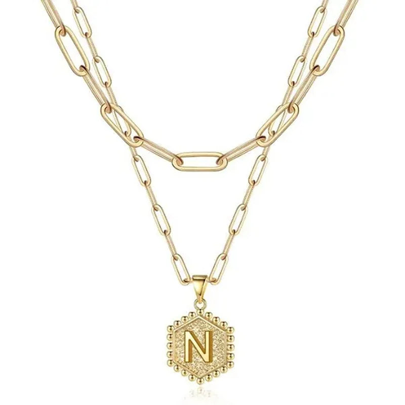 Dainty Layered Initial Necklaces for Women, 14K Gold Plated Paperclip Chain Necklace Simple Cute Hexagon Letter Pendant Initial Choker Necklace Gold Layered Necklaces for Women