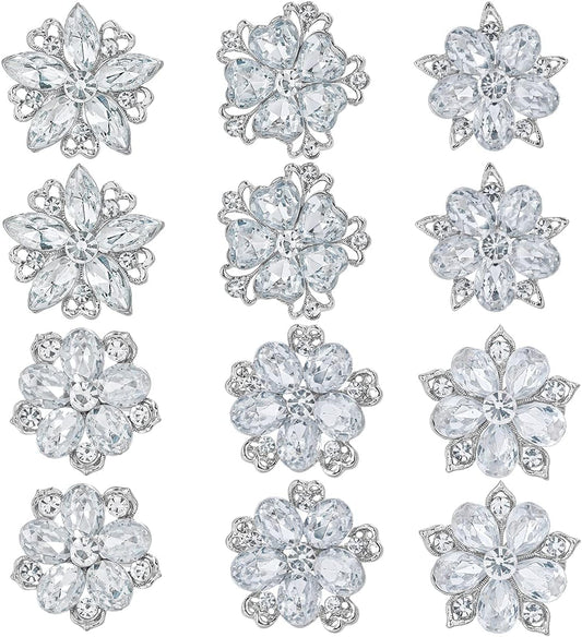 Lot 12Pcs Assorted Crystal Rhinestone Flower Brooch Pin Set for Women DIY Bridal Wedding Bouquet Kit
