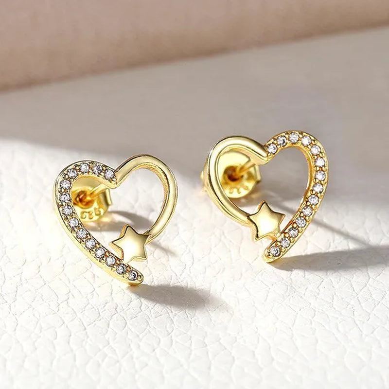 NEW Gold  Love Heart Star White Sapphire Diamond Stud Earrings for Women Wedding Engagement Bride Jewelry Gift