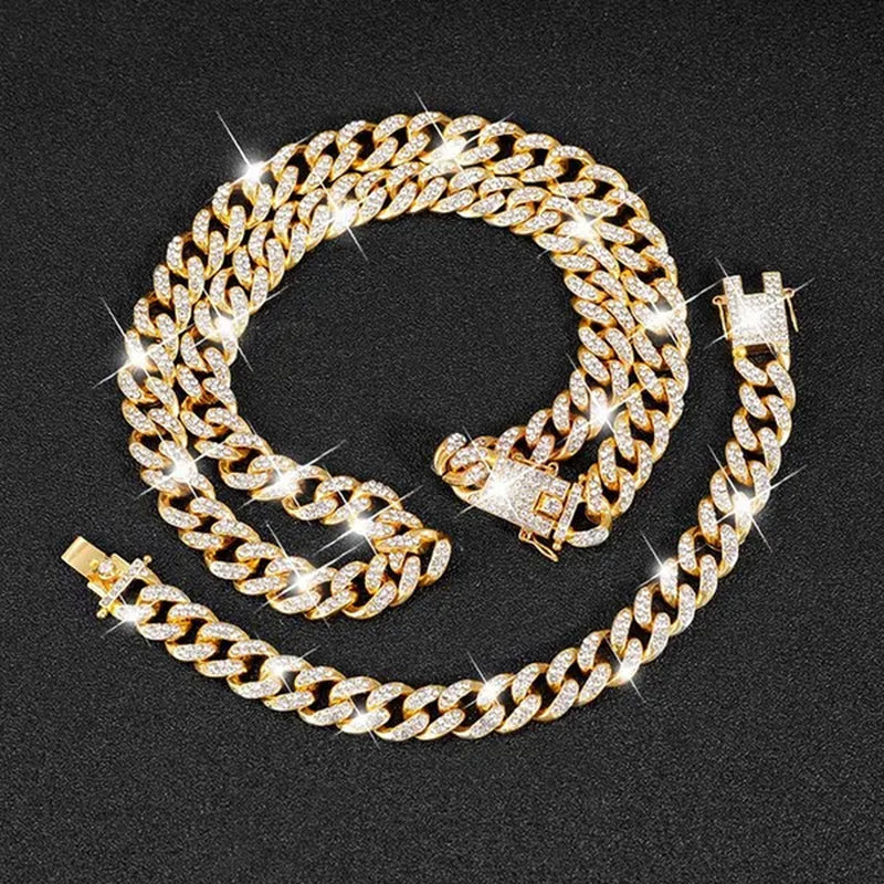 13MM  24K Gold/925 Silver Iced Out BlingBling Diamond Cuban Link Chain Miami Choker Necklace Bracelet Jewelry Set for Fashion Men and Women Hip Hop Jewelry - WORLD TIME VISITS