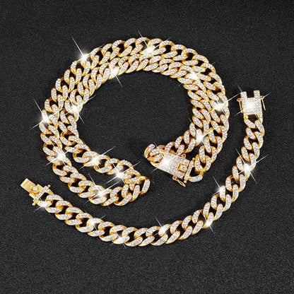 13MM  24K Gold/925 Silver Iced Out BlingBling Diamond Cuban Link Chain Miami Choker Necklace Bracelet Jewelry Set for Fashion Men and Women Hip Hop Jewelry - WORLD TIME VISITS
