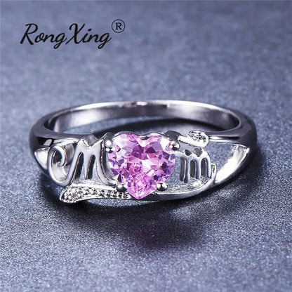 Love Mom 2ct Heart Shape Diamond/Amethyst/Emerald/Pink/Blue Sapphire/Black Diamond 925 Silver Ring Nana Ring Grandma Mum Jewelry Size 5-10