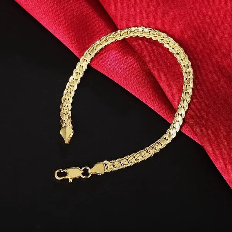 18k Gold/925 Sterling Silver Classic Flat Sideways Chain Bracelets for Women Men's Fashion Party Wedding Jewelry Gifts