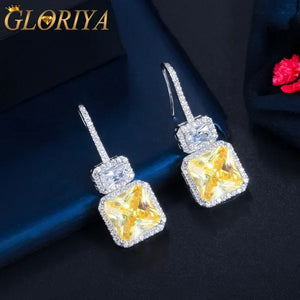 Gloriya Brilliant Sparkly Micro Cubic Zirconia Pave Citrine Square Drop Dangle Hook Earrings Jewelry for Women Fashion Accessory