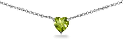 Birthstone Necklace for Women - Genuine or Synthetic Gemstone, 7Mm Heart Solitaire, Short Dainty Layered Choker, Silver