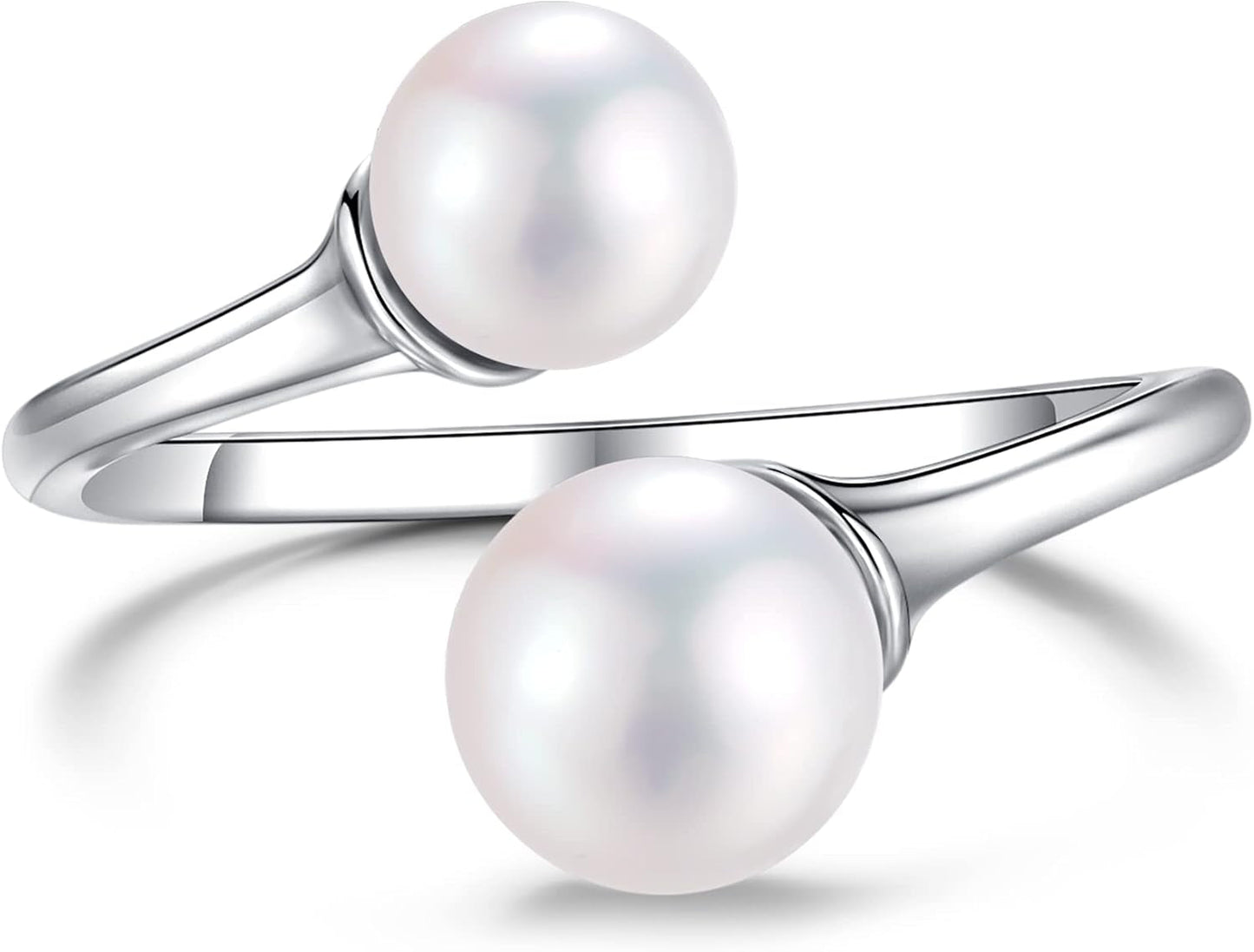 2 Pearl Ring Sterling Silver Double Pearls Rings for Women 925 Adjustable Open June Birthstone Rings for Teen Girls with Real round Genuine Freshwater Cultured Stackable