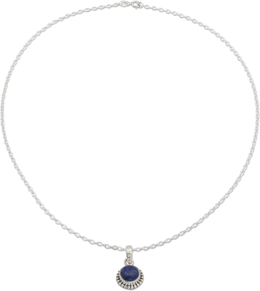 Artisan Handmade Lapis Lazuli Pendant Necklace Lapiz Sterling Silver from India [18 in L 2 Mm W Pendant(S) 0.8 in L X 0.4 in W X 0.2 in D] ' Blue Globe'