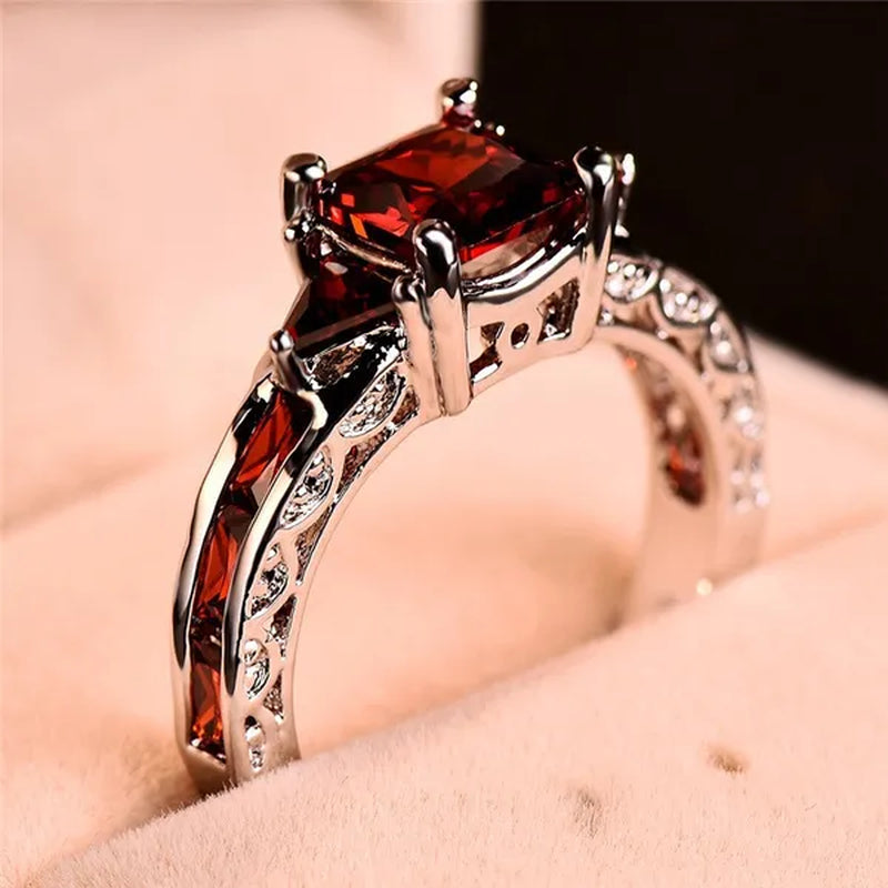 Women Silver Plated Princess Cut Garnet Red Ruby Wedding Ring Party Jewelry Gifts Size 4 5 6 7 8 9 10 11