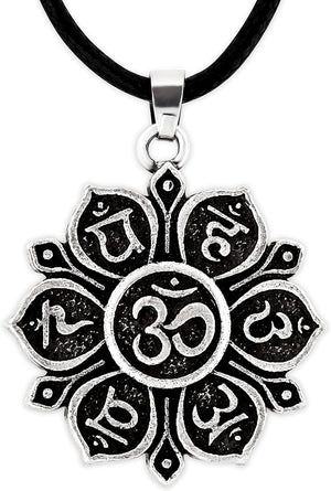 Mandala Flower of Life Necklace, Buddhist Lotus Flower Om Mandala Pendant, Faux Leather Cord
