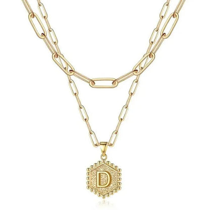 Dainty Layered Initial Necklaces for Women, 14K Gold Plated Paperclip Chain Necklace Simple Cute Hexagon Letter Pendant Initial Choker Necklace Gold Layered Necklaces for Women
