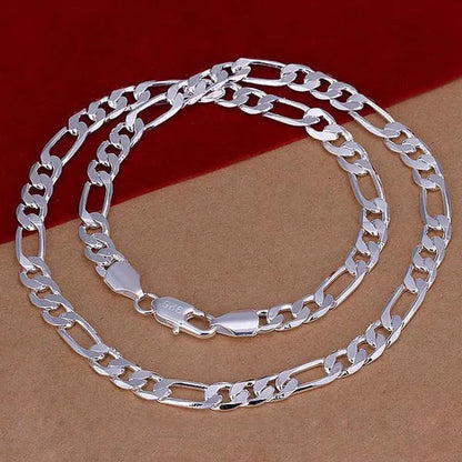 2pcs/Set(Bracelet+Necklace) Charm Men Women Figaro Curb Link Chain Bracelet Necklace Fashion 925 Sterling Silver Exquisite Jewelry Gifts