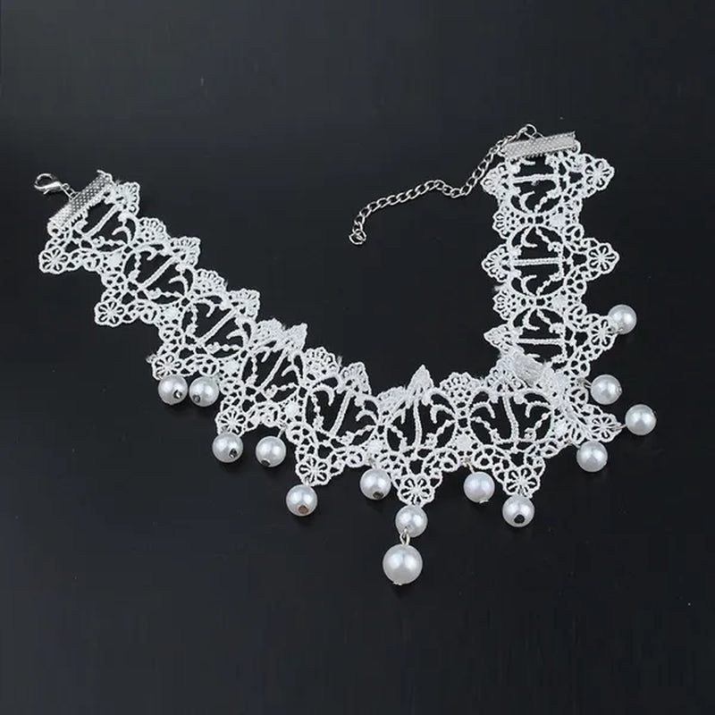 White Lace Necklace Chokers Black Collares Vintage Style Female Gothic Wedding Red Rose Crystal Diamond Pendant Collarbone Necklaces Chain Accessories for Women Girls - WORLD TIME VISITS