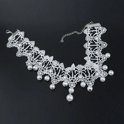 White Lace Necklace Chokers Black Collares Vintage Style Female Gothic Wedding Red Rose Crystal Diamond Pendant Collarbone Necklaces Chain Accessories for Women Girls - WORLD TIME VISITS