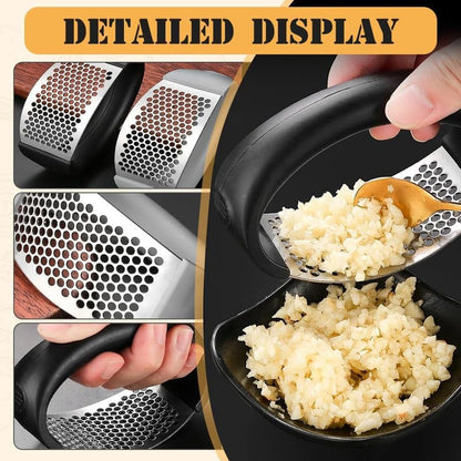 Garlic Press Rocker - 2024 NEW Stainless Steel Garlic Mincer Garlic Crusher with Peeler, New Innovative Garlic Chopper with Peeler and Scraper for Smash Garlic, Black