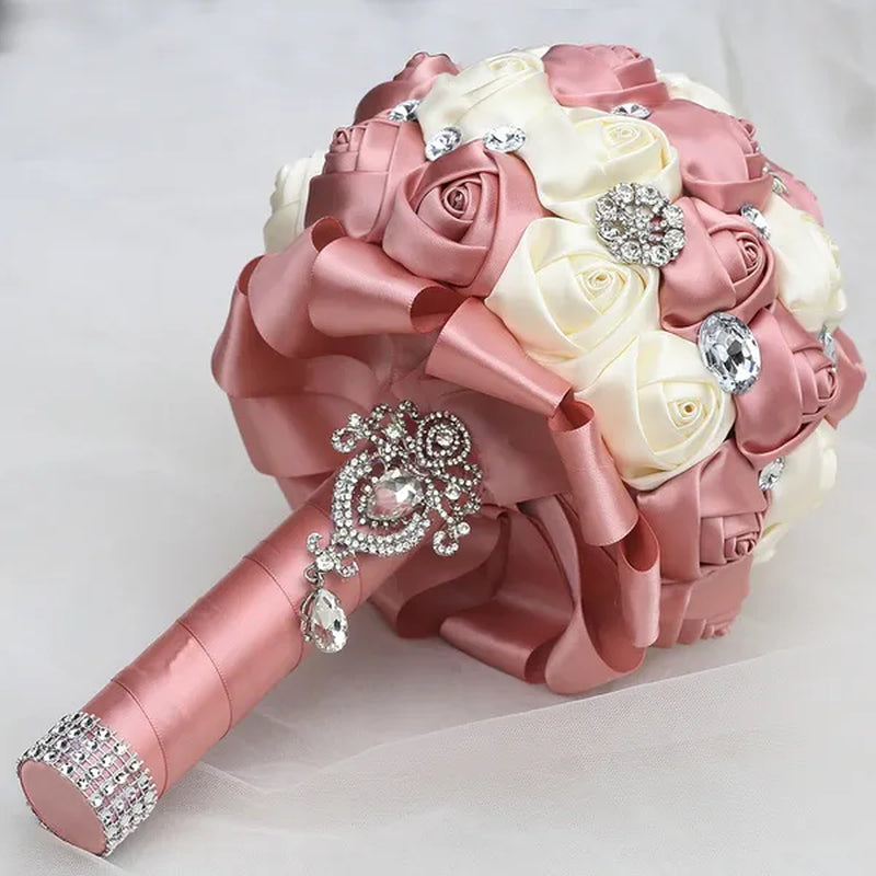 20CM Satin Ribbon Rhinestone Simulation Flowers Bridal Bouquet Handmade Diamond Brooch Wedding Bouquet Bridesmaid Holding Flowers