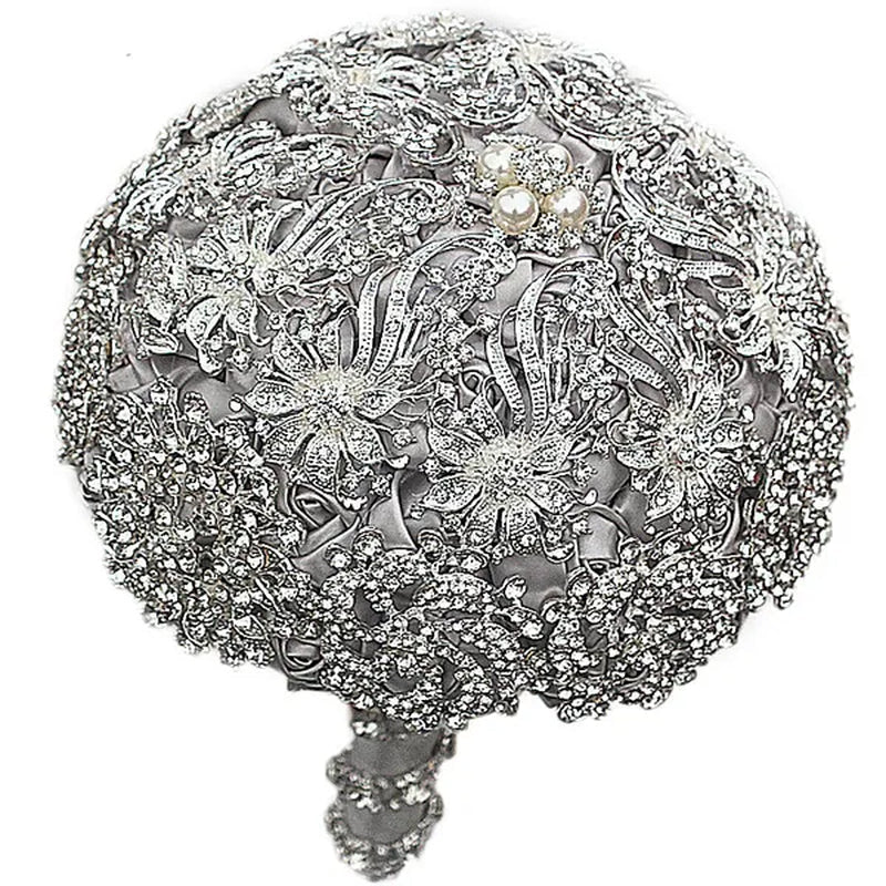 18CM Luxurious Shiny Full Diamonds Brooch Bouquet Silver Rhinestone Bridal Bouquet Ribbon Satin Rose Wedding Bride Holding Flowers