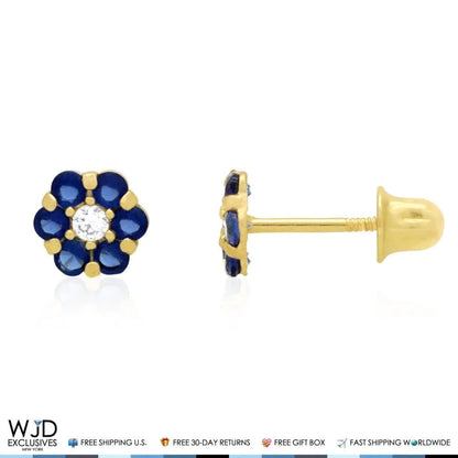 14K Yellow Gold Diamond and Sapphire Flower Screwback Stud Earrings 0.70Ct