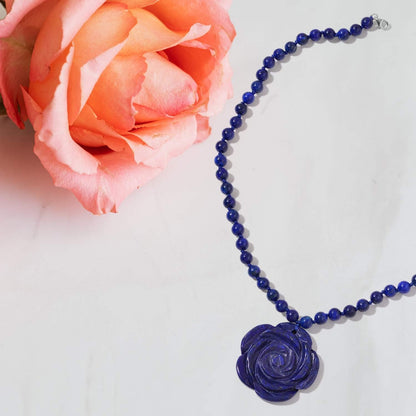 Carved Rose Blue Lapis Lazuli Beaded Necklace for Women 925 Sterling Silver Rhodium Plated Gifts for Women Size 18" Birthday Gifts