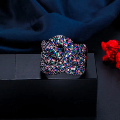 Gloriya Adjustable Women Exaggerated Full Micro Cubic Zirconia Unique Open Cuff Large Ring for Cocktail Personality Finger Jewelry