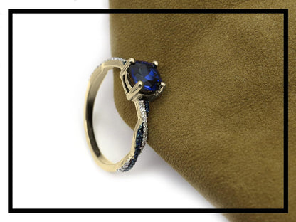 6 MM Cushion Lab Created Blue Sapphire with round Blue Sapphire & Diamond Ladies Engagement Ring | 10K Yellow Gold, Size 7