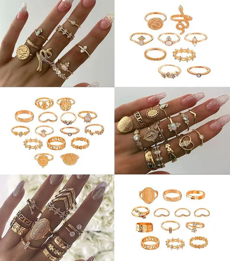 New 60Pcs Womens Rings Silver Gold Plated Rhinestone Vintage Jewelry Bohemian Style Finger Joint Ring Party Favor Gifts
