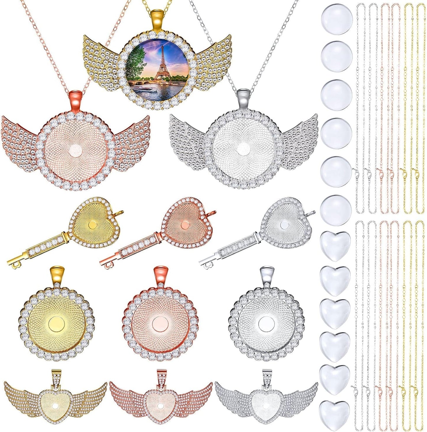 36 Pieces 25Mm Rhinestone Pendant Set, 12 Pieces 3 Shape Rhinestone Wing Bezel Pendant Tray 12 Piece Clear Glass Cabochons 12 Pieces Lobster Clasp Link Necklace Chain for DIY Jewelry Craft