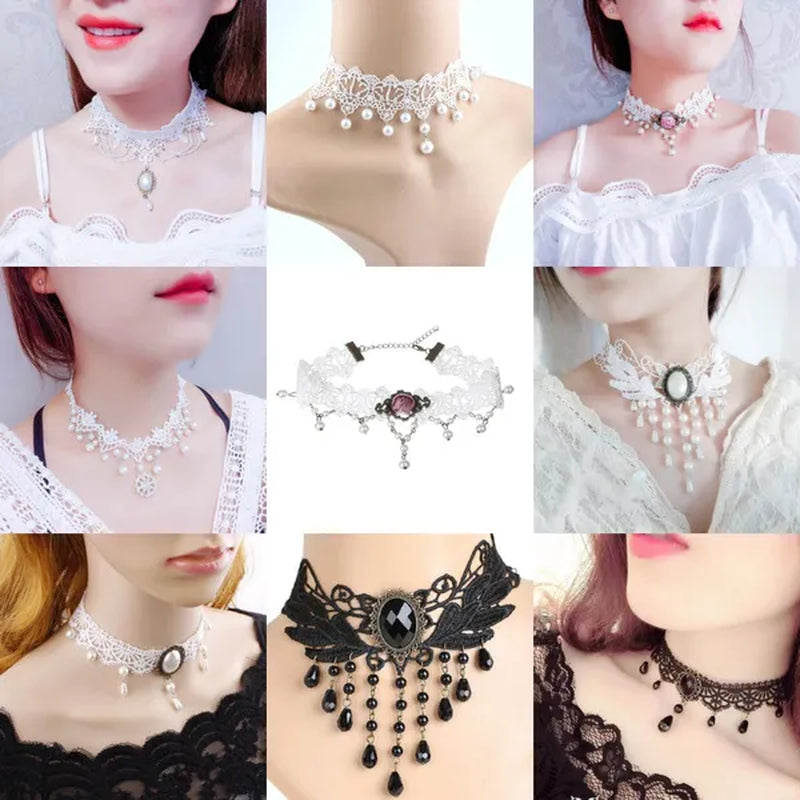 White Lace Necklace Chokers Black Collares Vintage Style Female Gothic Wedding Red Rose Crystal Diamond Pendant Collarbone Necklaces Chain Accessories for Women Girls - WORLD TIME VISITS
