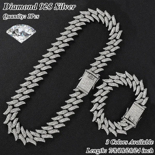 New Fashion Jewelry 925 Silver/Gold/Rose Gold Plated Men Cuban Miami Link Necklace Stainless Steel Diamond Silver Chain Necklace or Bracelet 7/8/18/20/24 Inches 1pcs