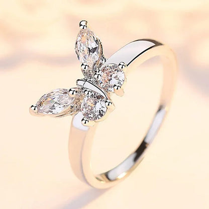 "If you are in full bloom, the butterfly will come" luxury silver crystal butterfly ring cubic zirconia exquisite bridal wedding party ring fashion jewelry (size: 5-11)