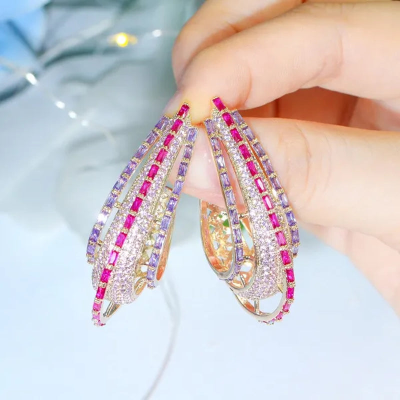 CANDICE Dubai Luxury Trendy Ear Jewelry Full Micro Pave Rose Red Purple CZ Crystal Hollow-out Design Arc Hoop Earrings for Dinner Party