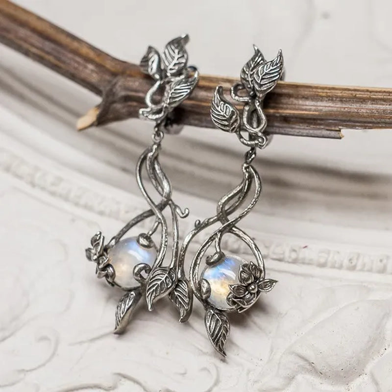 Delicate Floral Moonstone Earrings Elf Style Long Dangle Earrings Women Party Dresses Accessories Jewelry