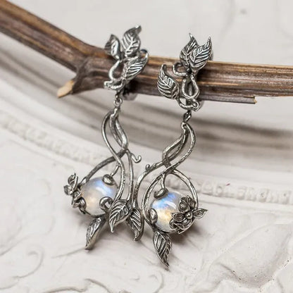 Delicate Floral Moonstone Earrings Elf Style Long Dangle Earrings Women Party Dresses Accessories Jewelry