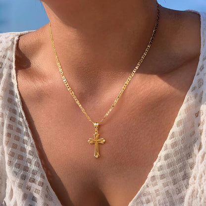 Cross Necklace for Women 14K Gold Cross Necklaces for Women Double Cross Pendant Gold Cross Chain Non-Tarnish Cross Jewelry Womens Gifts 48Cm Mariner Chain