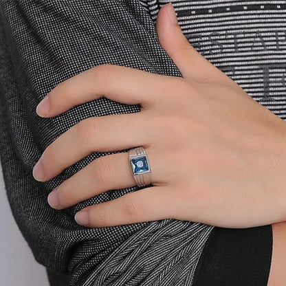 NOVE JEWELRY men fashion charm blue rhinestone fine ring 316L stainless steel exquisite wedding band rings silver + blue US Size 7 to 11