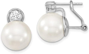 925 Sterling Silver White Imitation Shell Pearl Cubic Zirconia Omega Back Earrings Fine Jewelry for Women Gifts for Her (12-13Mm)