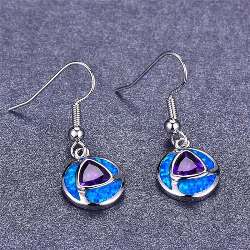 Boho Unique Round Blue Fire Opal 925 Sterling Silver Drop Earrings Amethyst Zircon Female Wedding Party Earrings Best Gift