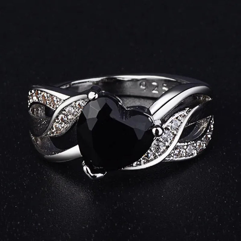 Silver Natural Gemstones Black Sapphire Heart Ring Wedding Bride Engagement Band Charm Mum Ring Jewelry Valentine's Day Gifts Christmas Gift